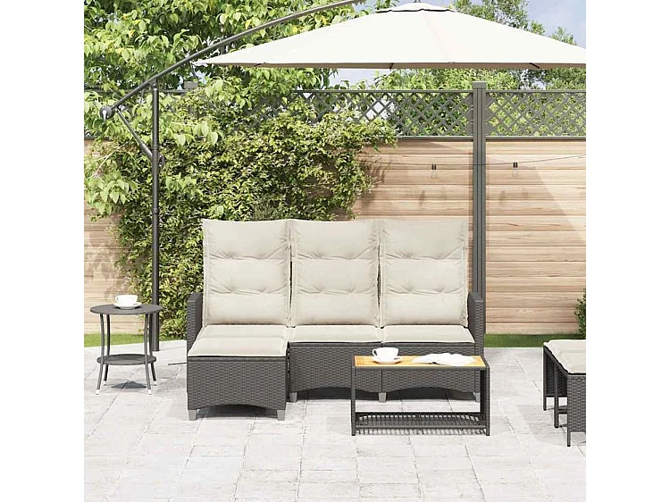 Canapé de jardin inclinable coussins forme de L noir polyrotin