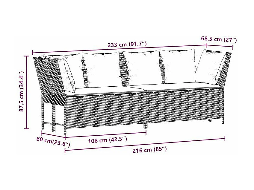 Canapé de jardin avec coussins beige résine tressée