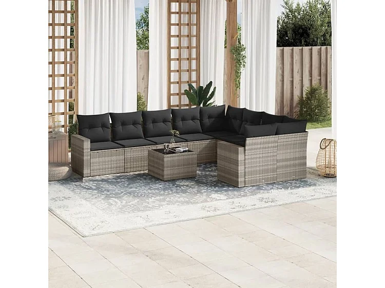 Salon de jardin avec coussins 10 pcs gris clair résine tressée