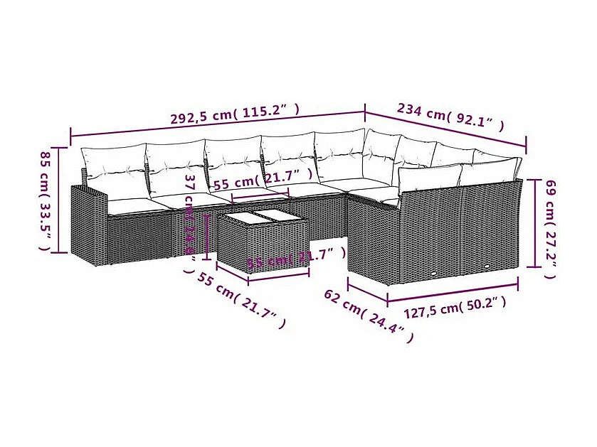 Salon de jardin avec coussins 10 pcs gris clair résine tressée