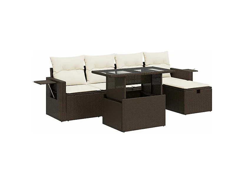 Salon de jardin avec coussins 6 pcs marron résine tressée