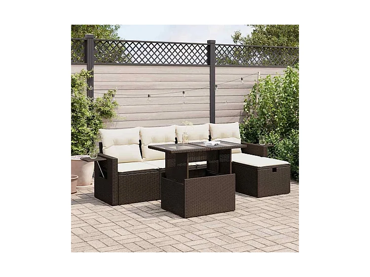 Salon de jardin avec coussins 6 pcs marron résine tressée