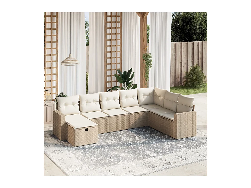 Salon de jardin avec coussins 8 pcs beige résine tressée