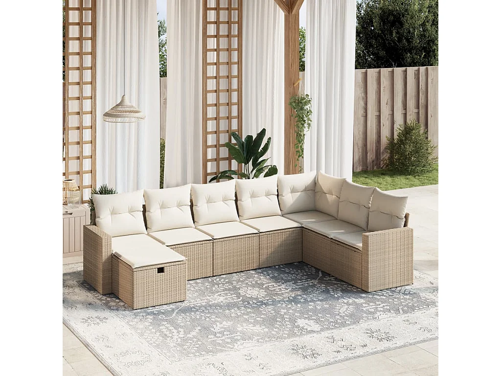 Salon de jardin avec coussins 8 pcs beige résine tressée