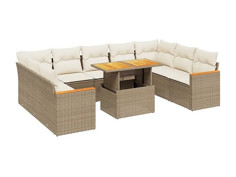 Salon de jardin avec coussins 10 pcs beige résine tressée