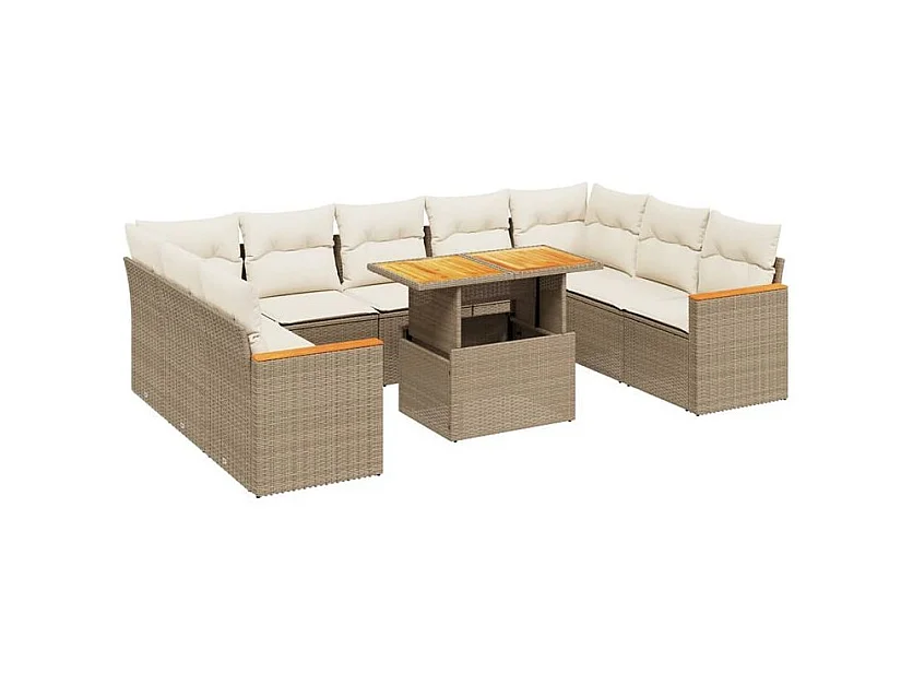 Salon de jardin avec coussins 10 pcs beige résine tressée