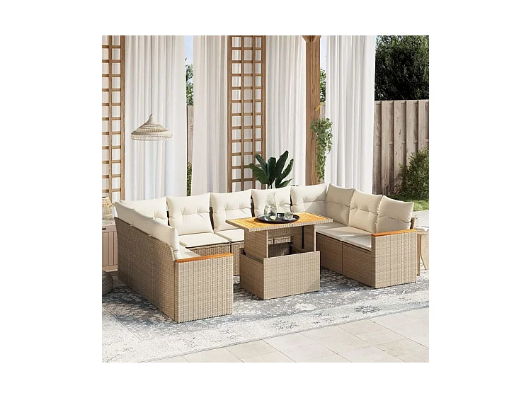 Salon de jardin avec coussins 10 pcs beige résine tressée