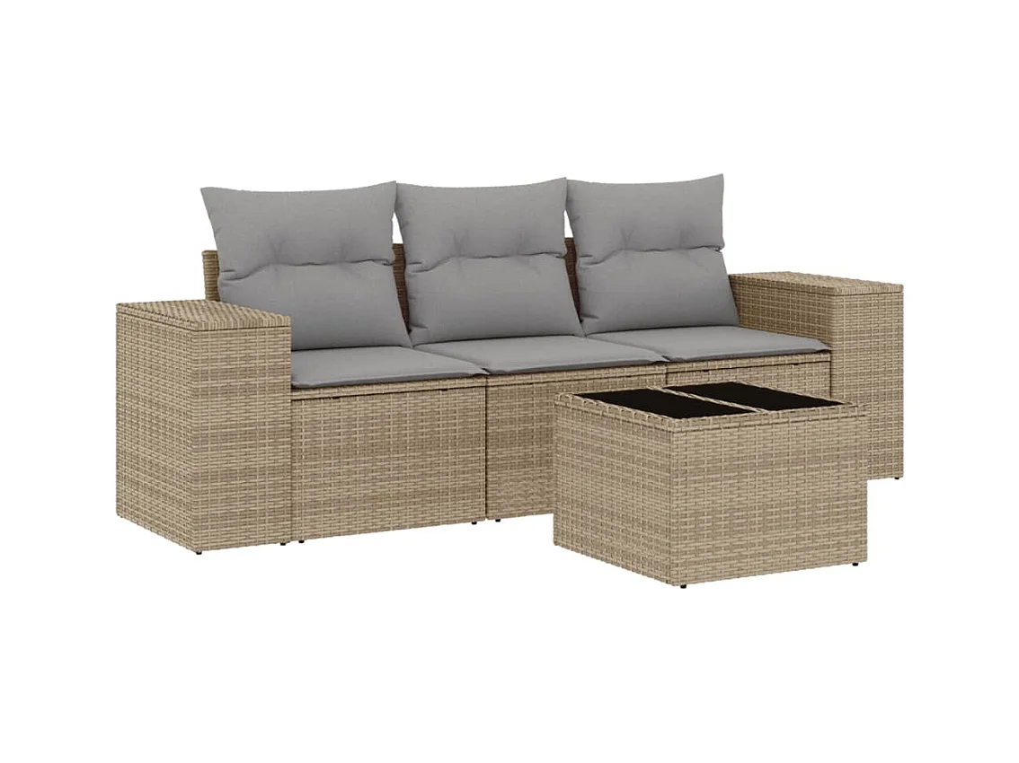 Salon de jardin avec coussins 4 pcs beige résine tressée