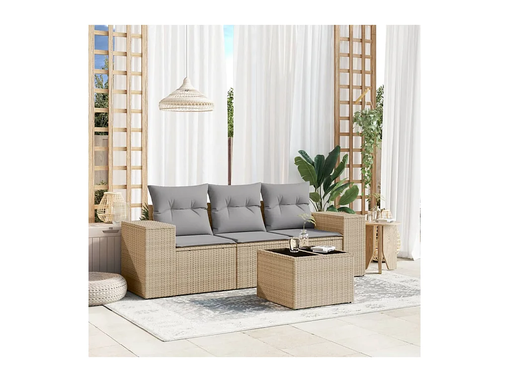 Salon de jardin avec coussins 4 pcs beige résine tressée