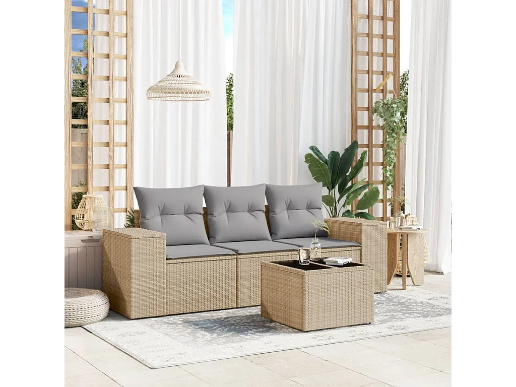 Salon de jardin avec coussins 4 pcs beige résine tressée
