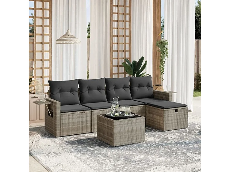 Salon de jardin 6 pcs avec coussins gris clair résine tressée