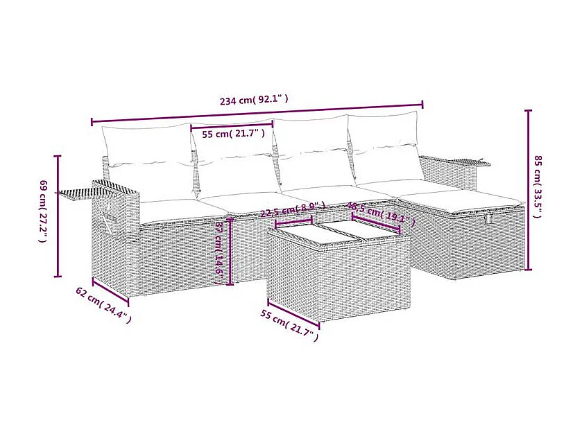 Salon de jardin 6 pcs avec coussins gris clair résine tressée