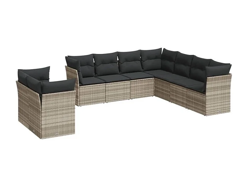 Salon de jardin 9 pcs avec coussins gris clair résine tressée