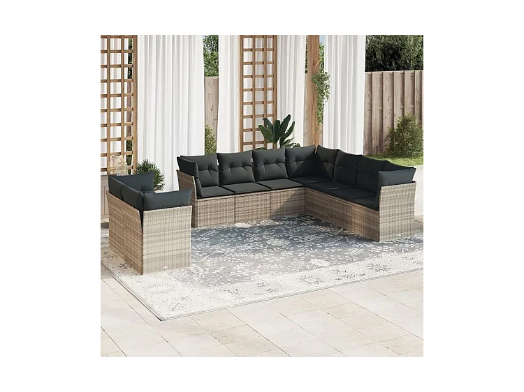 Salon de jardin 9 pcs avec coussins gris clair résine tressée