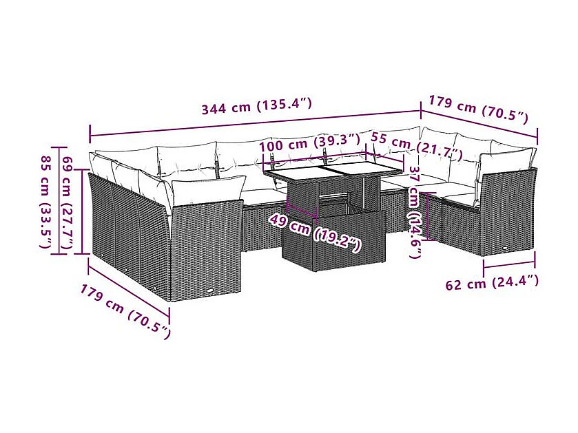 Salon de jardin 11 pcs avec coussins beige résine tressée