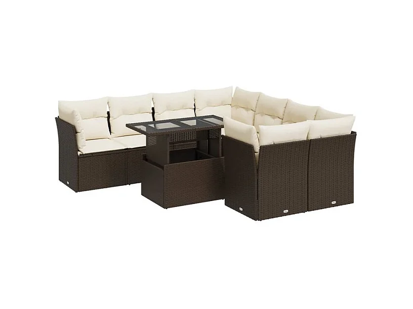 Salon de jardin avec coussins 9 pcs marron résine tressée