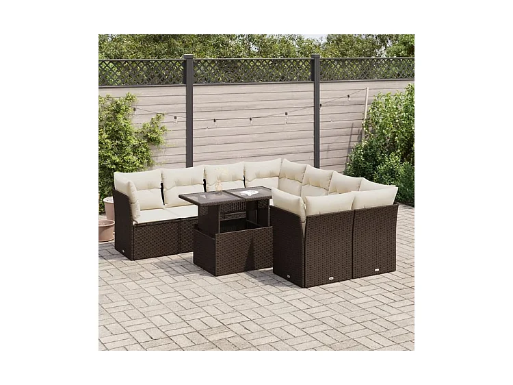 Salon de jardin avec coussins 9 pcs marron résine tressée