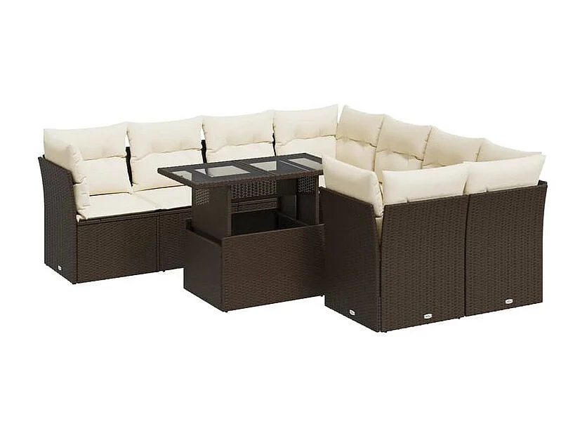 Salon de jardin avec coussins 9 pcs marron résine tressée