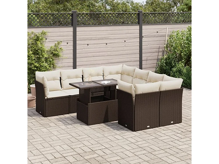 Salon de jardin avec coussins 9 pcs marron résine tressée