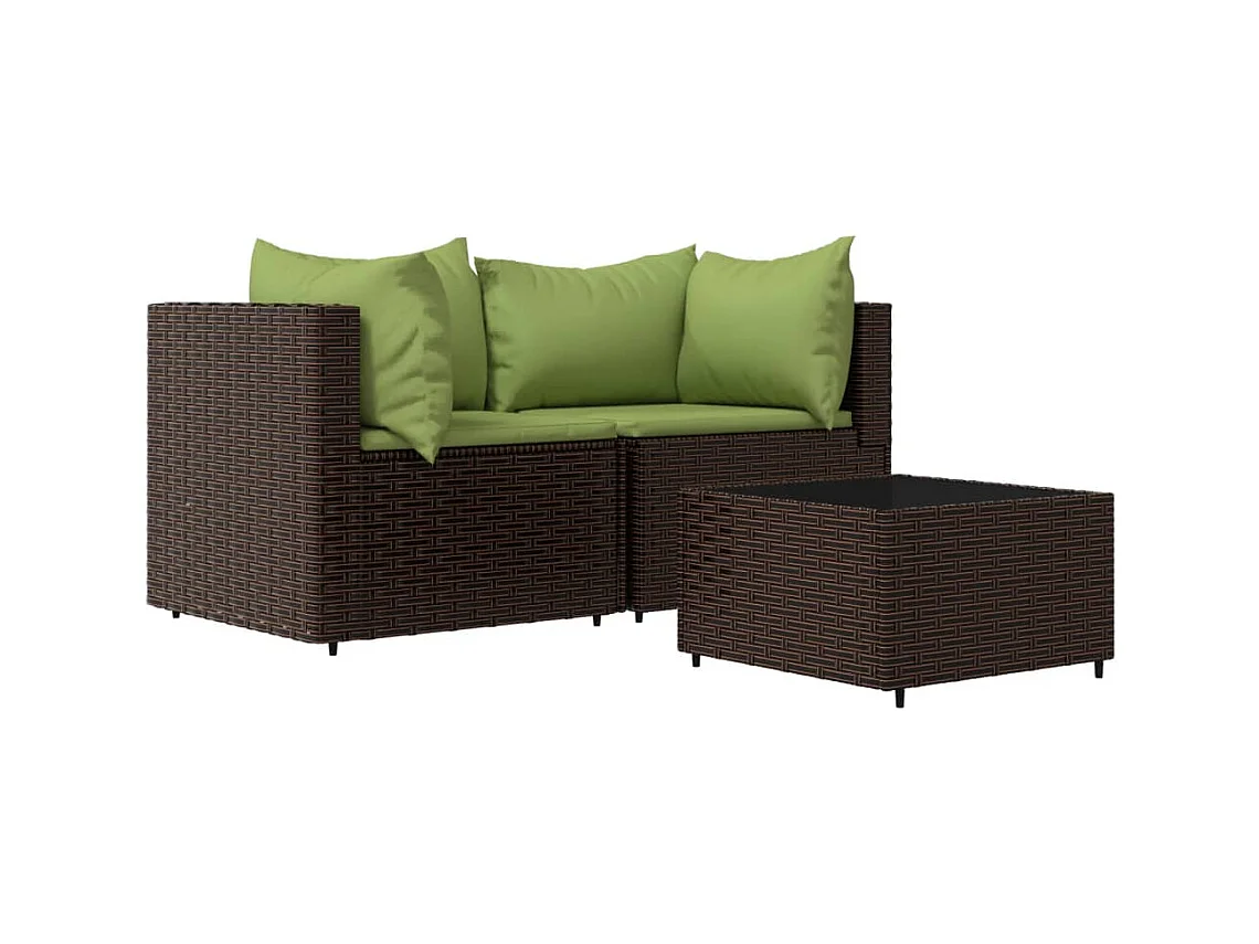 Salon de jardin 3 pcs avec coussins marron résine tressée