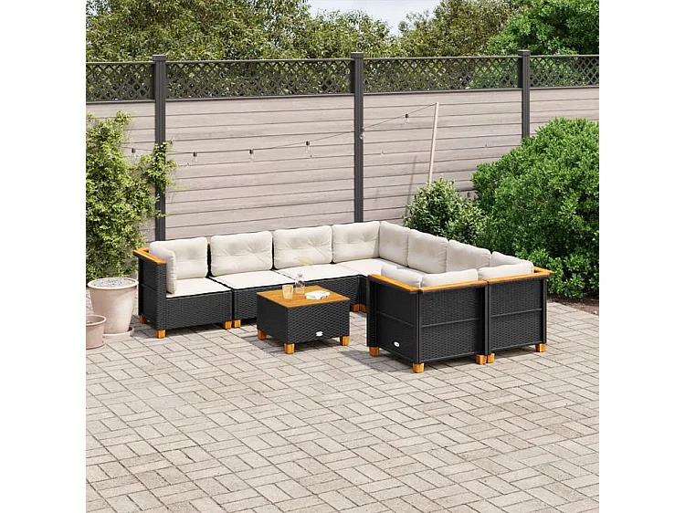 Salon de jardin 9 pcs avec coussins noir résine tressée