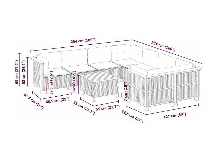 Salon de jardin 9 pcs avec coussins noir résine tressée