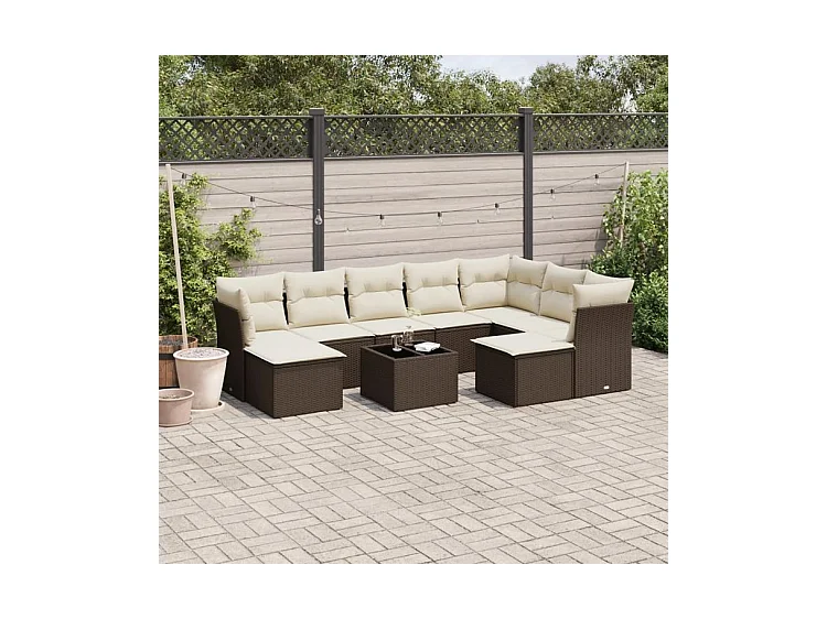 Salon de jardin 10 pcs avec coussins marron résine tressée