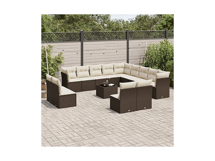 Salon de jardin avec coussins 14 pcs marron résine tressée
