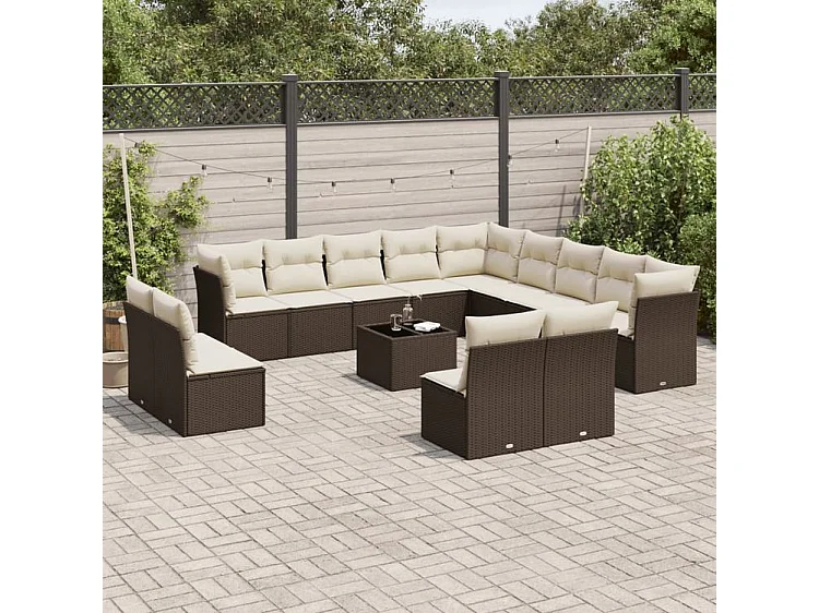 Salon de jardin avec coussins 14 pcs marron résine tressée