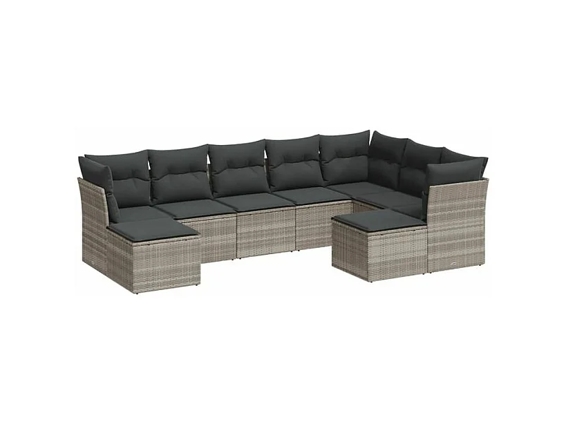 Salon de jardin 9 pcs avec coussins gris clair résine tressée