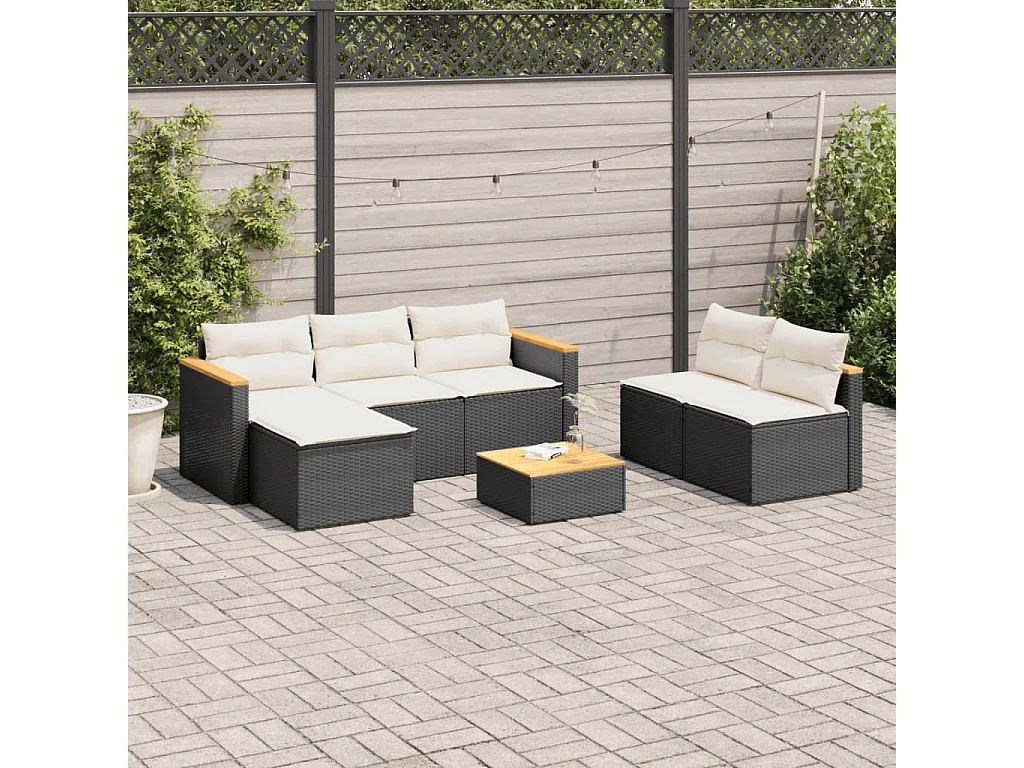 Salon de jardin 5 pcs avec coussins noir résine tressée acacia