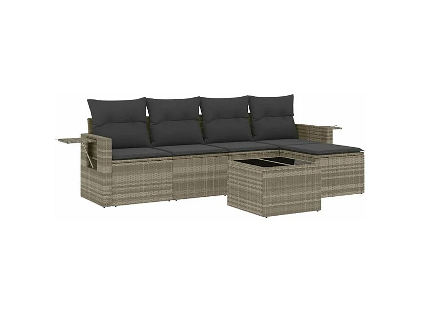 Salon de jardin 6 pcs avec coussins gris clair résine tressée
