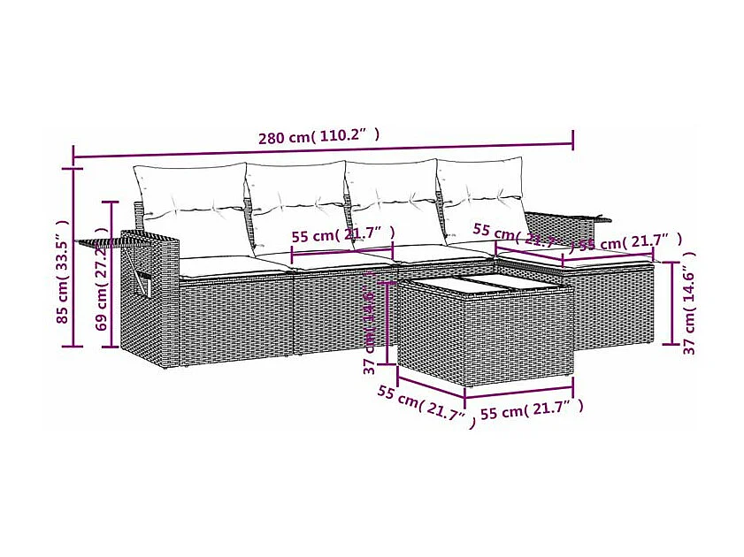 Salon de jardin 6 pcs avec coussins gris clair résine tressée