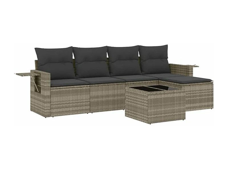 Salon de jardin 6 pcs avec coussins gris clair résine tressée