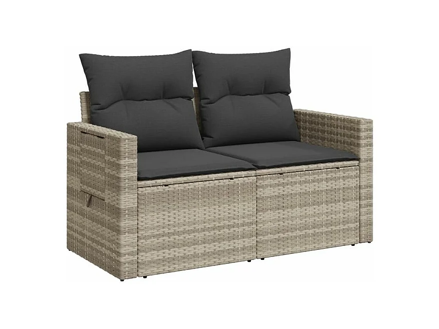 Canapé de jardin 2 places et coussins gris clair résine tressée