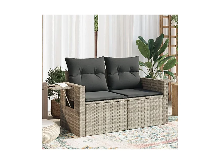 Canapé de jardin 2 places et coussins gris clair résine tressée