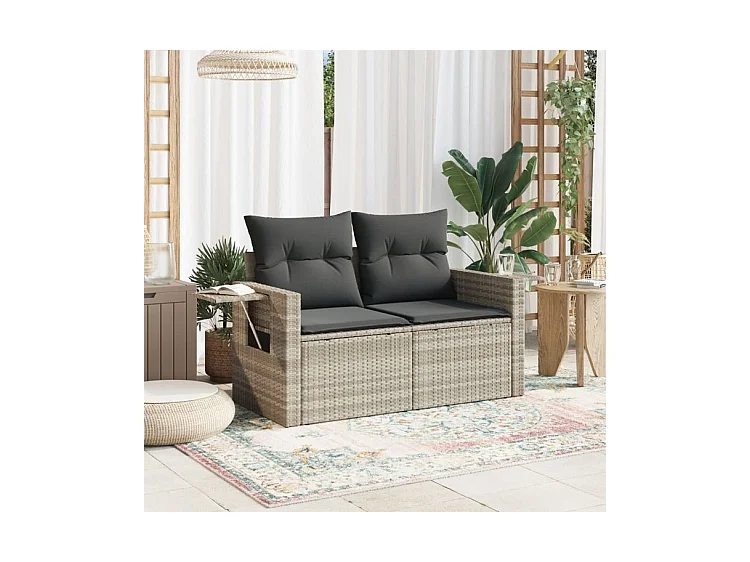 Canapé de jardin 2 places et coussins gris clair résine tressée