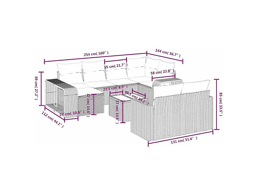 Salon de jardin et coussins 11 pcs marron résine tressée