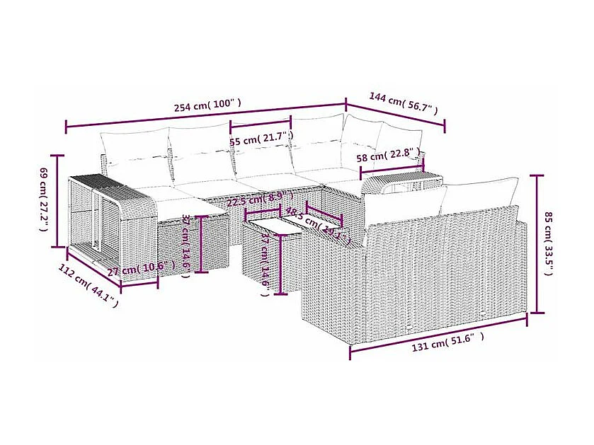 Salon de jardin et coussins 11 pcs marron résine tressée