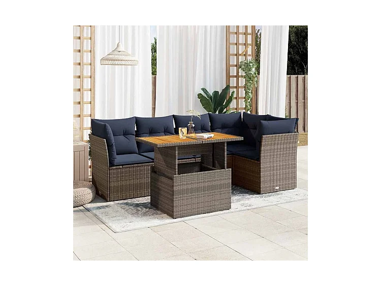 Salon de jardin 6 pcs avec coussins gris résine tressée