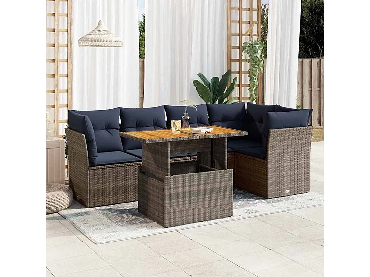 Salon de jardin 6 pcs avec coussins gris résine tressée