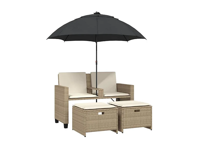 Canapé de jardin 2 places avec parasol et tabourets beige rotin