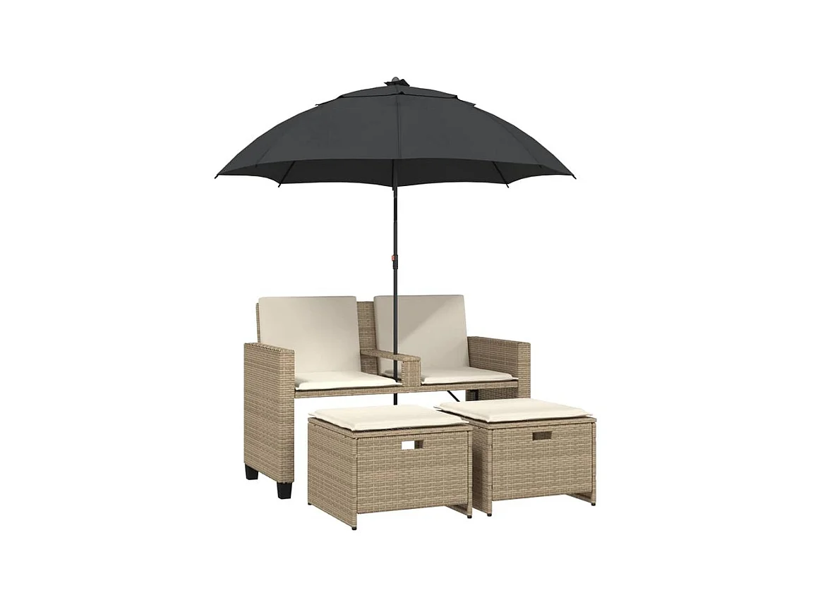 Canapé de jardin 2 places avec parasol et tabourets beige rotin