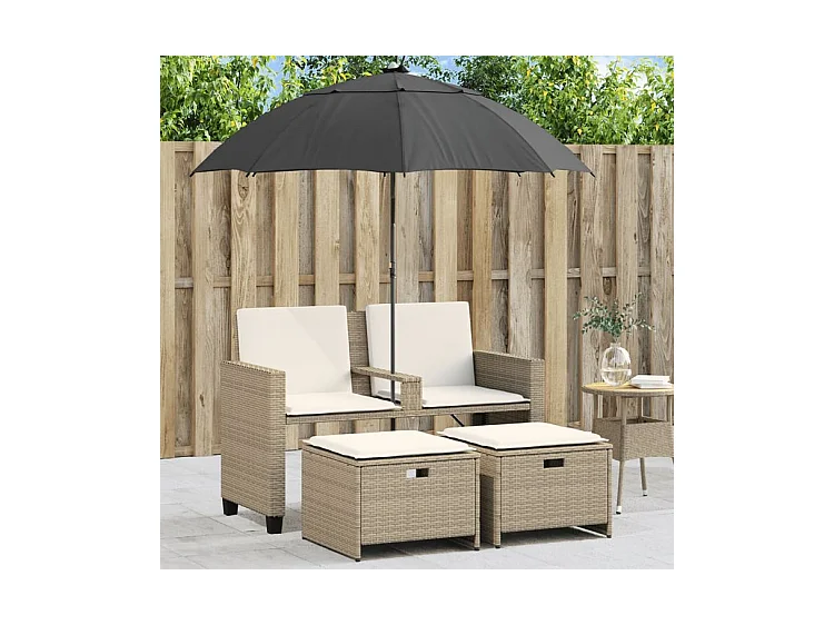 Canapé de jardin 2 places avec parasol et tabourets beige rotin
