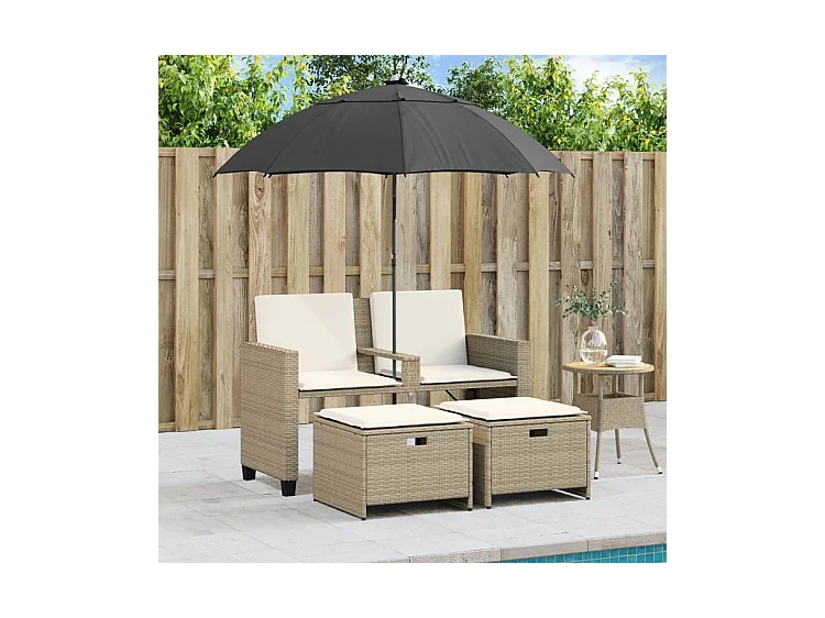 Canapé de jardin 2 places avec parasol et tabourets beige rotin