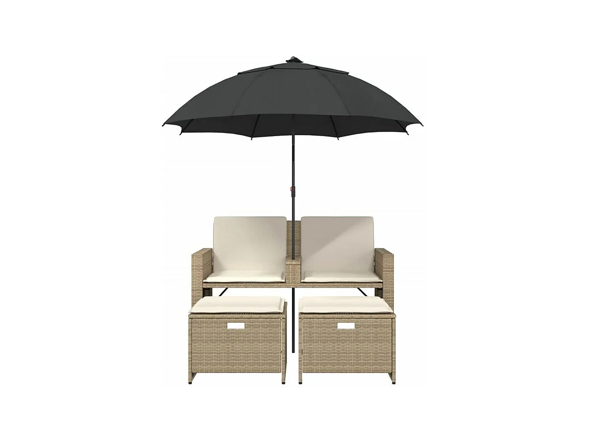 Canapé de jardin 2 places avec parasol et tabourets beige rotin