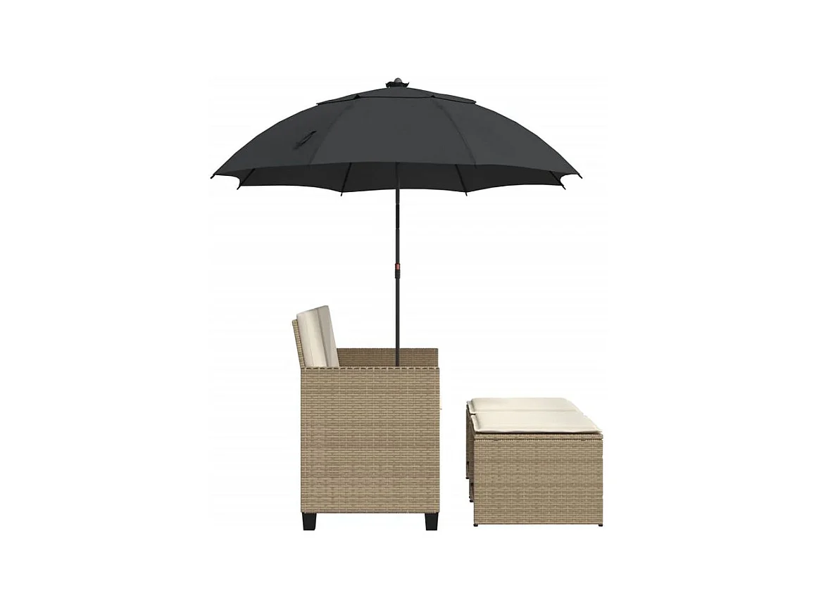 Canapé de jardin 2 places avec parasol et tabourets beige rotin