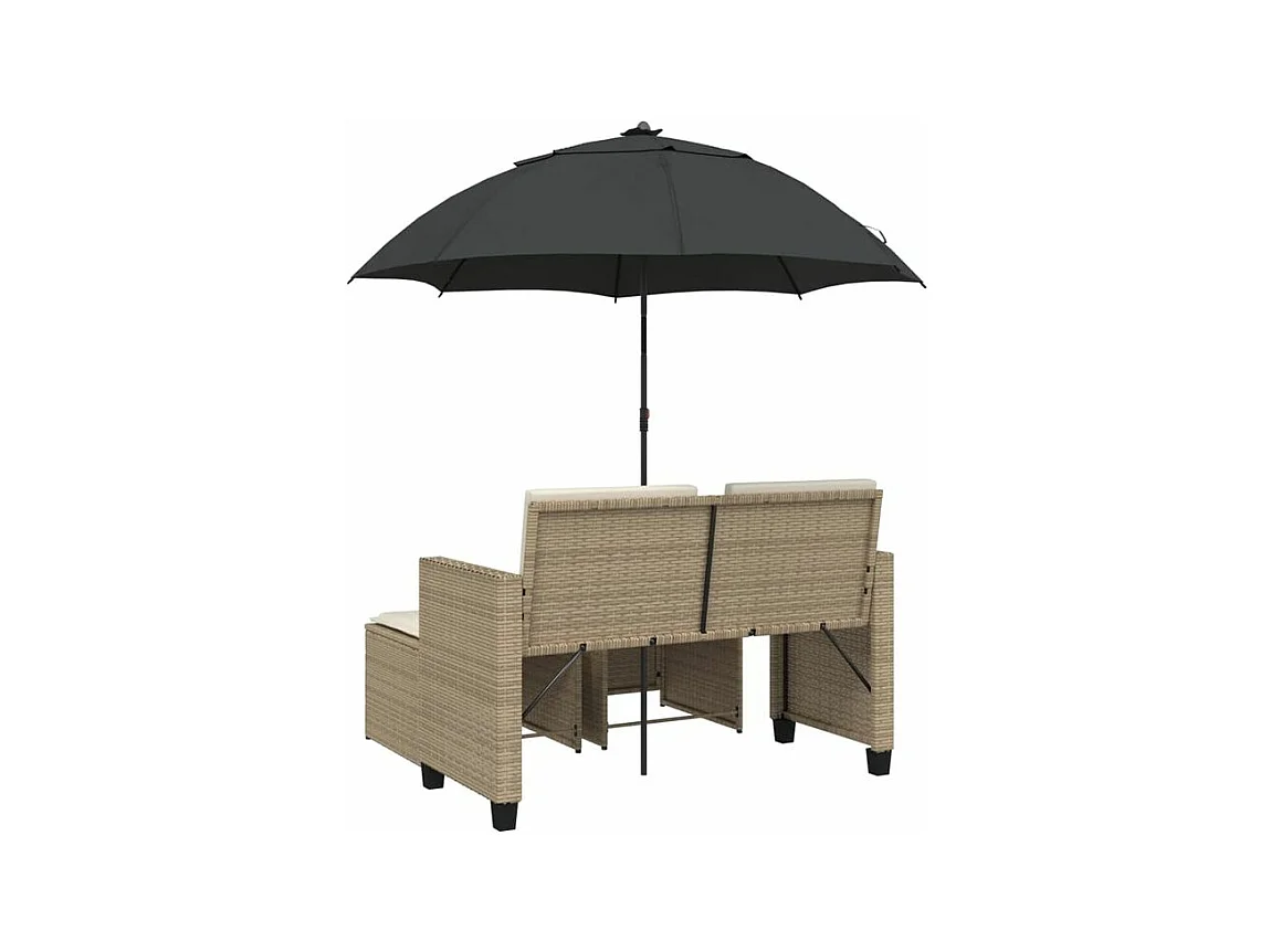 Canapé de jardin 2 places avec parasol et tabourets beige rotin