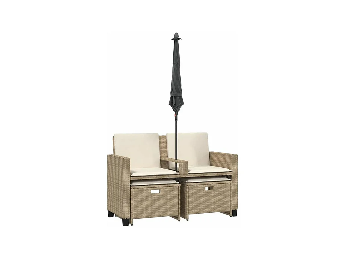 Canapé de jardin 2 places avec parasol et tabourets beige rotin