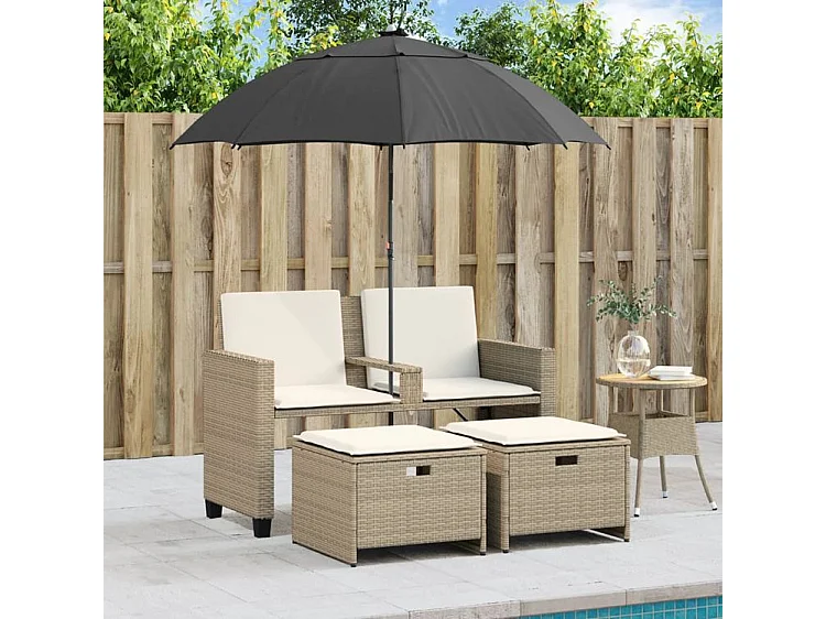 Canapé de jardin 2 places avec parasol et tabourets beige rotin